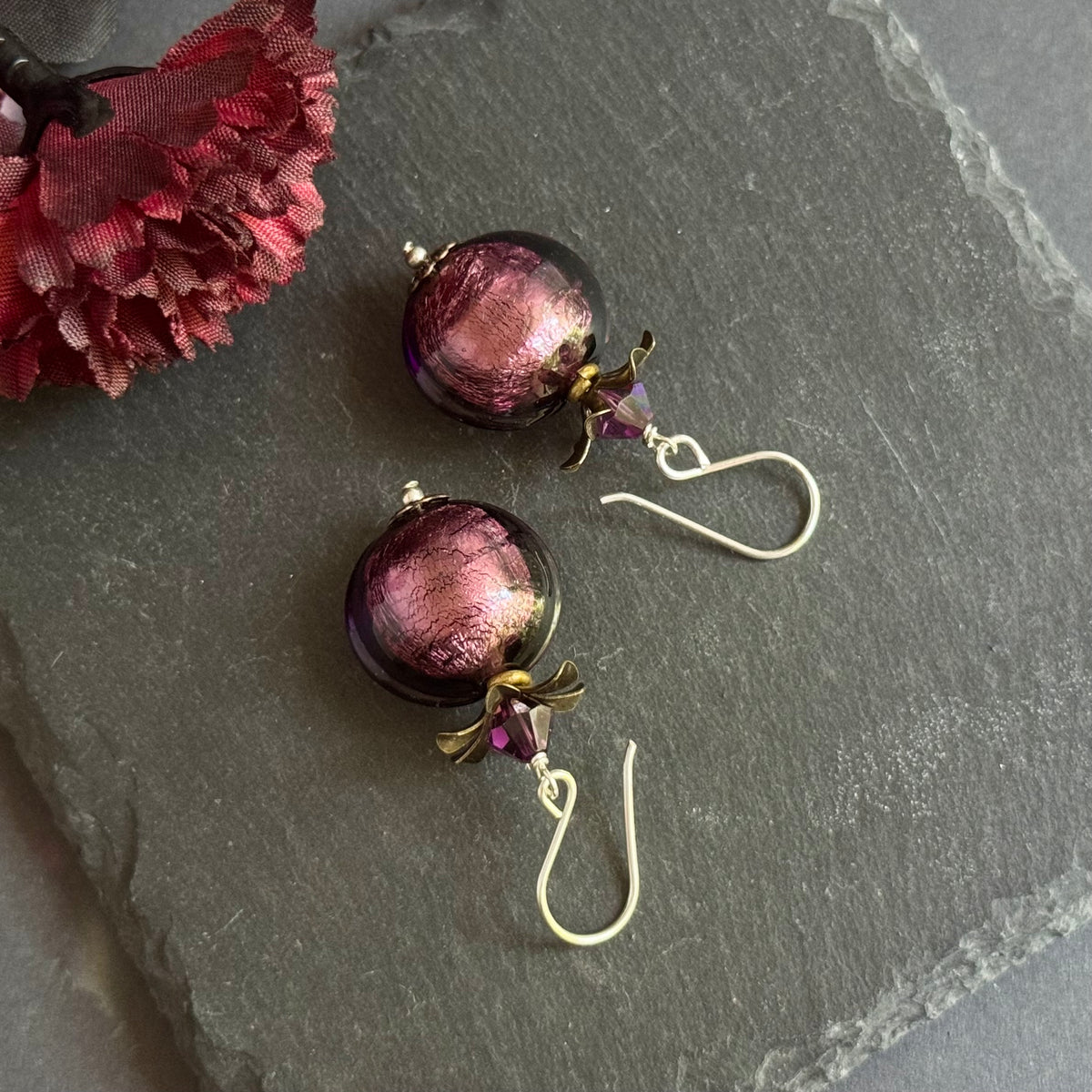 Vintage Venetian Foil Purple Puffed Coin Earrings in Sterling Silver