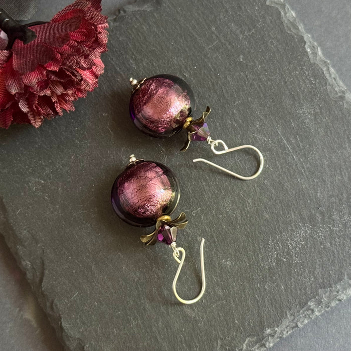 Vintage Venetian Foil Purple Puffed Coin Earrings in Sterling Silver