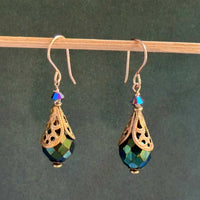 Metallic Green Czech Glass Earrings in 14K Gold Fill