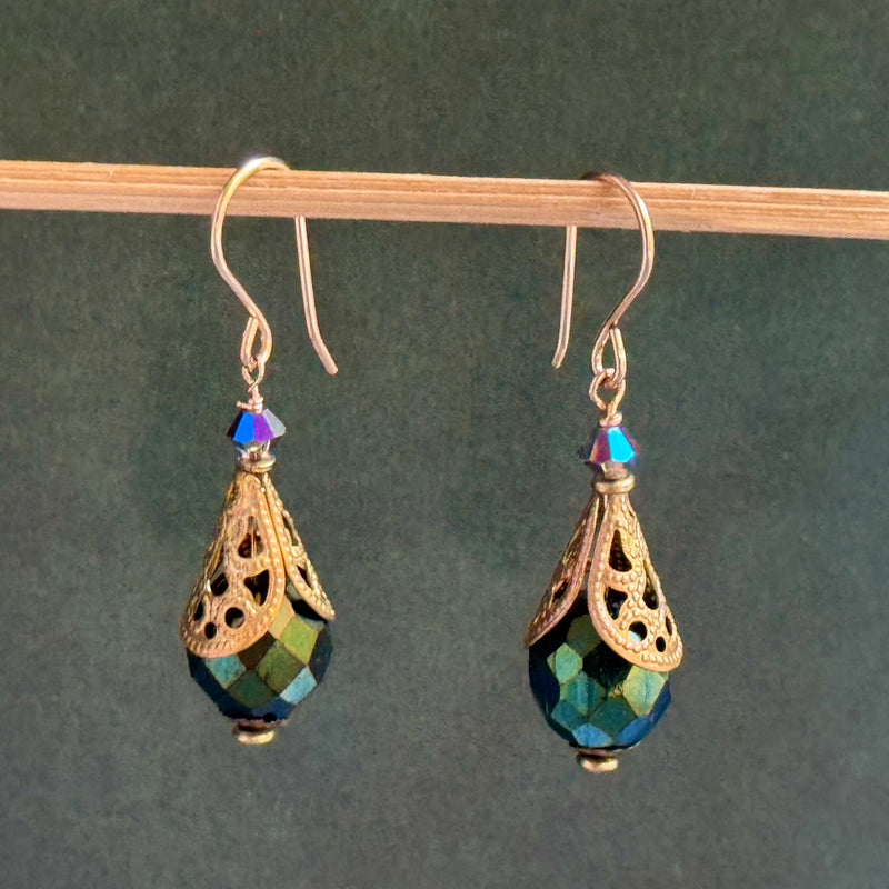 Metallic Green Czech Glass Earrings in 14K Gold Fill