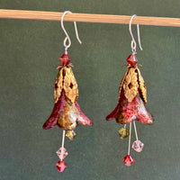 Green and Gold Lucite Trumpet Lilly Earrings in Sterling Silver
