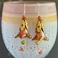 Green and Gold Lucite Trumpet Lilly Earrings in Sterling Silver