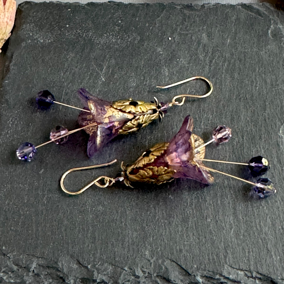 Purple Lucite Trumpet Lilly Earrings in 14K Gold Fill