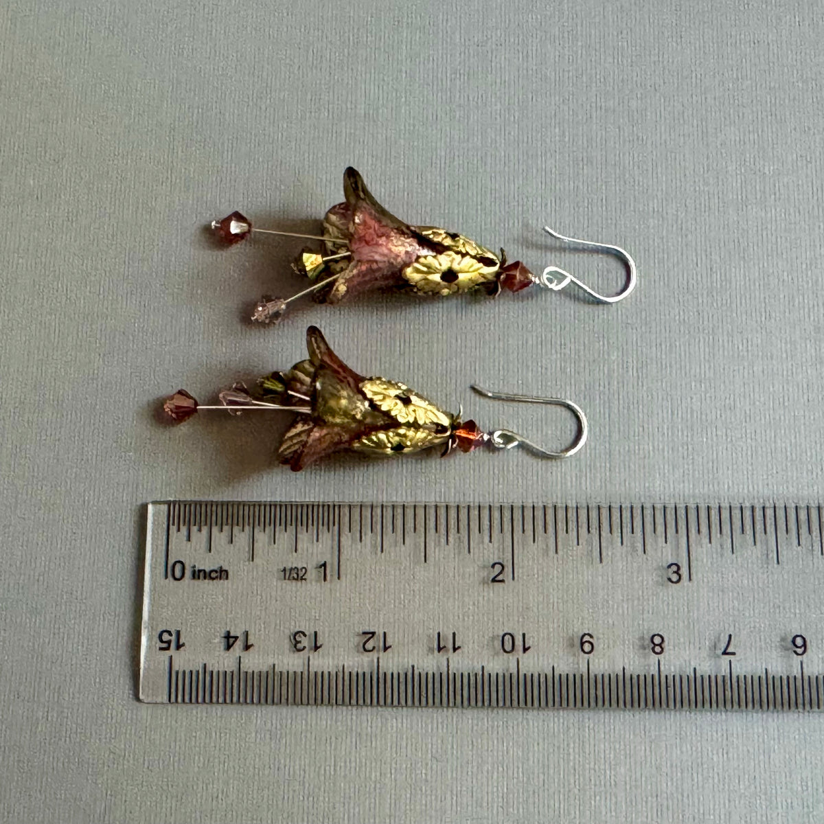 Green and Gold Lucite Trumpet Lilly Earrings in Sterling Silver