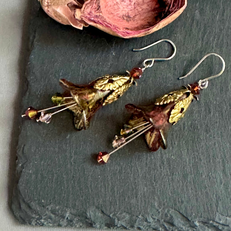 Green and Gold Lucite Trumpet Lilly Earrings in Sterling Silver