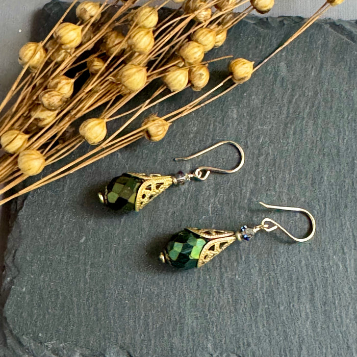 Metallic Green Czech Glass Earrings in 14K Gold Fill