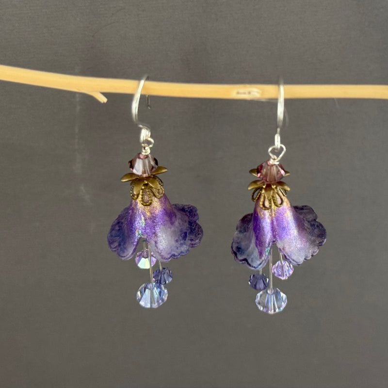 Hand Painted Lavender Lucite Cone Flower Earrings in Sterling Silver