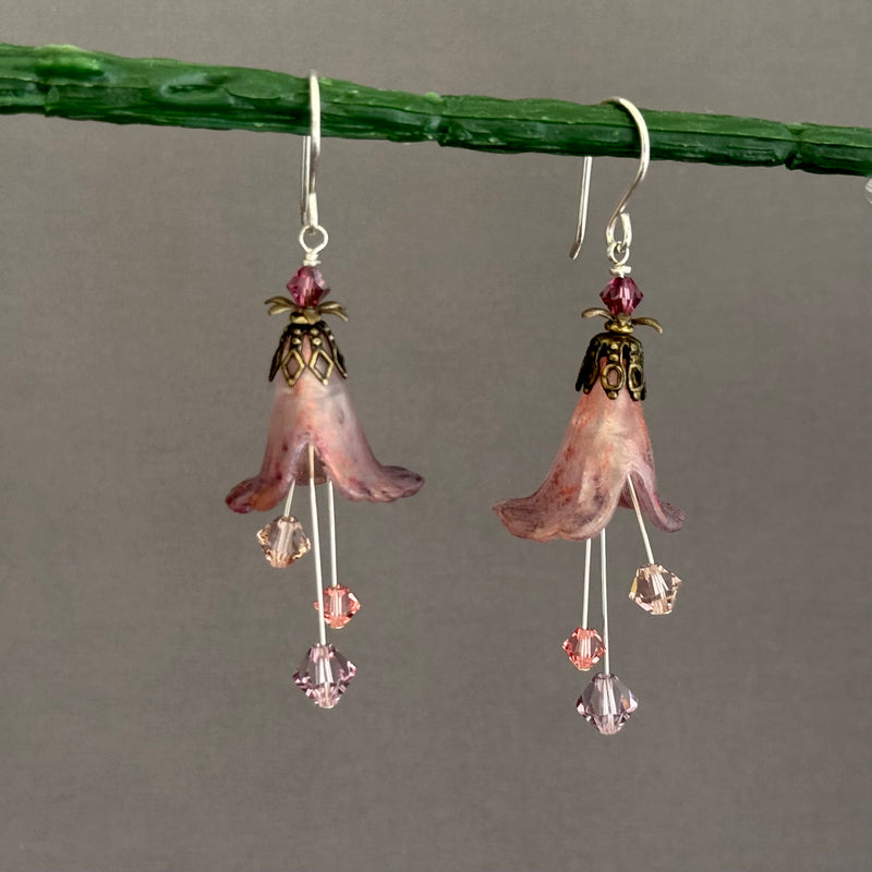 Hand Painted Light Pink Lucite Cone Flower Earrings in Sterling Silver