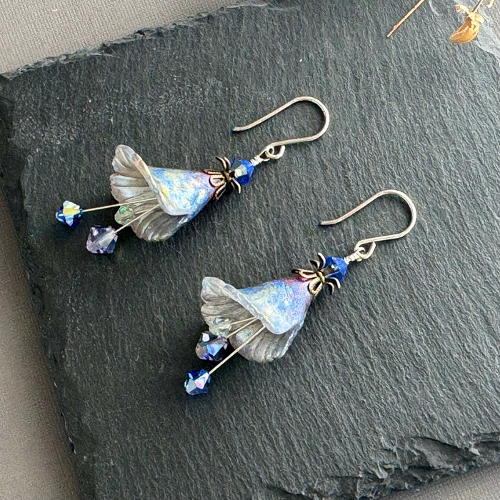 Hand Painted Peacock Lucite Cone Flower Earrings in Sterling Silver