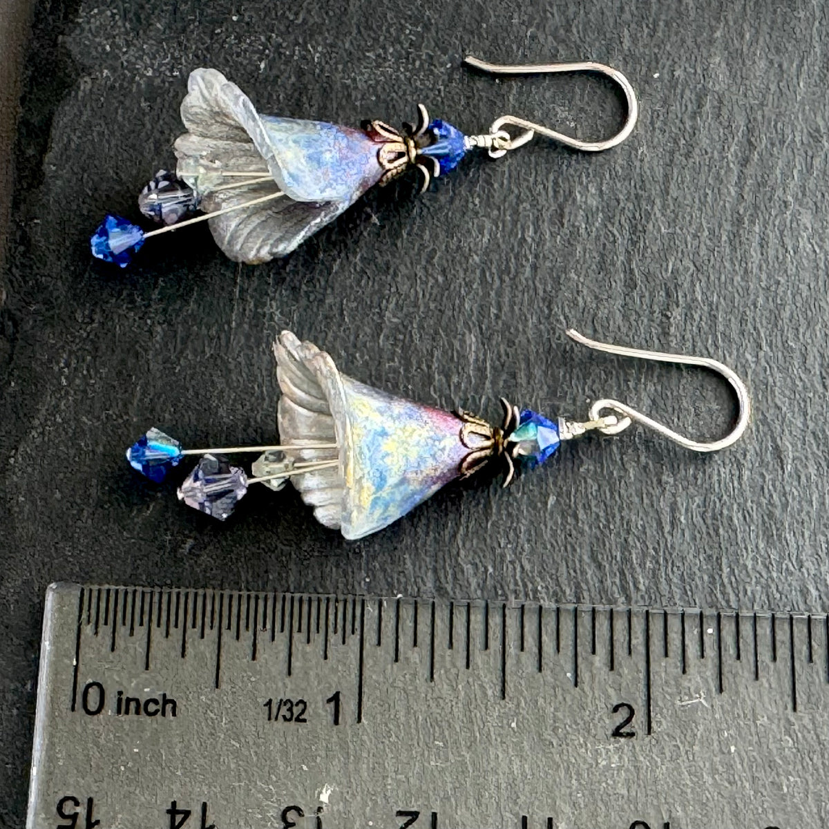 Hand Painted Peacock Lucite Cone Flower Earrings in Sterling Silver