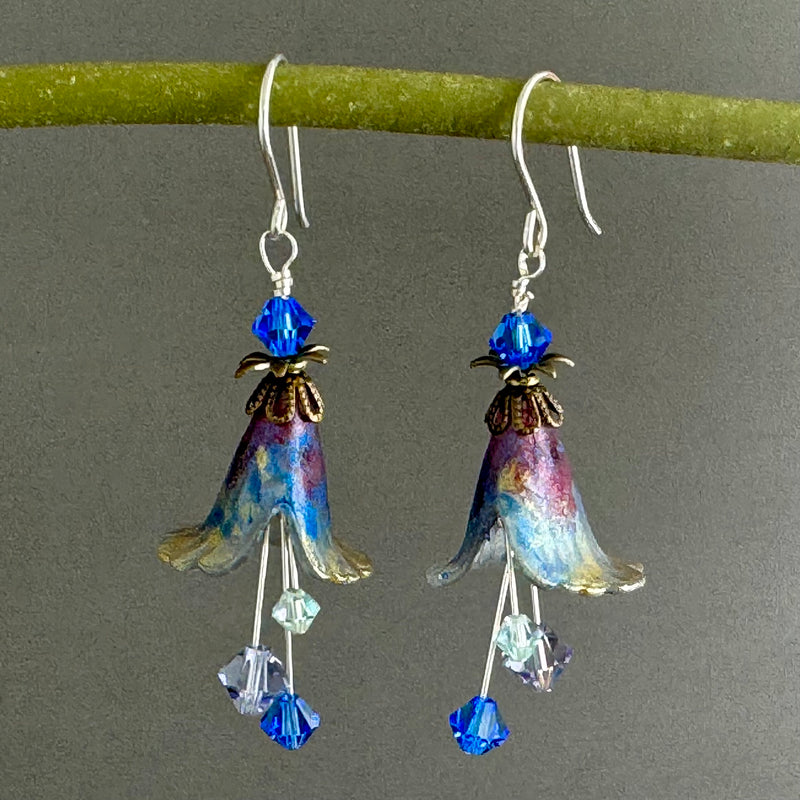 Hand Painted Peacock Lucite Cone Flower Earrings in Sterling Silver