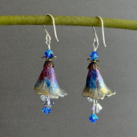 Hand Painted Peacock Lucite Cone Flower Earrings in Sterling Silver
