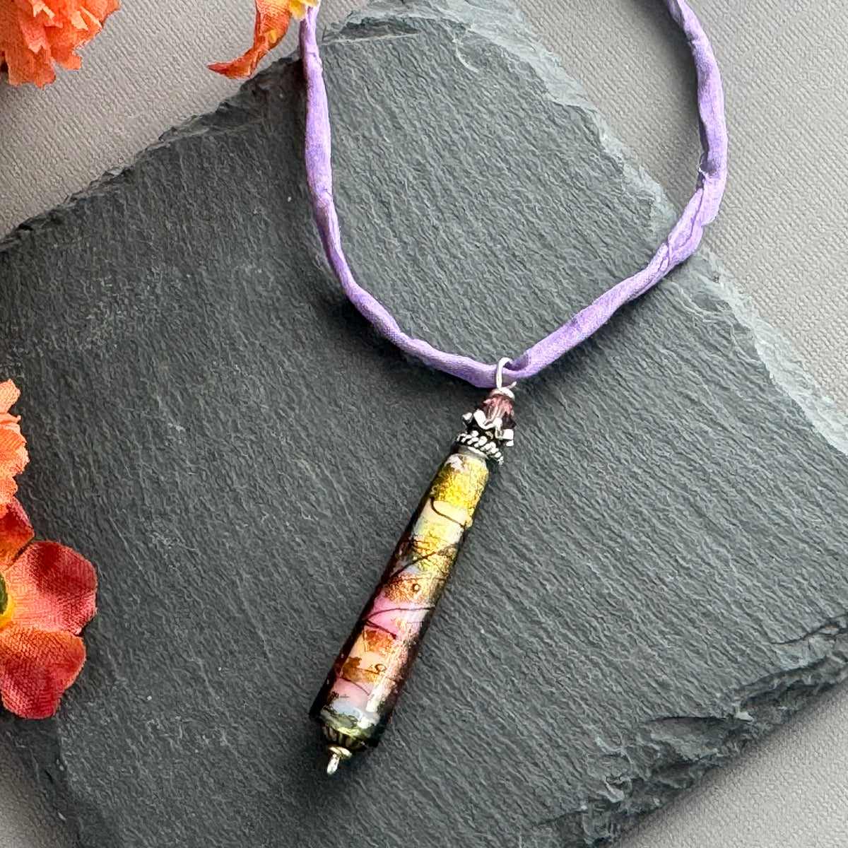 Luxury Handmade Lavender Czech Glass Necklace on Silk Cord