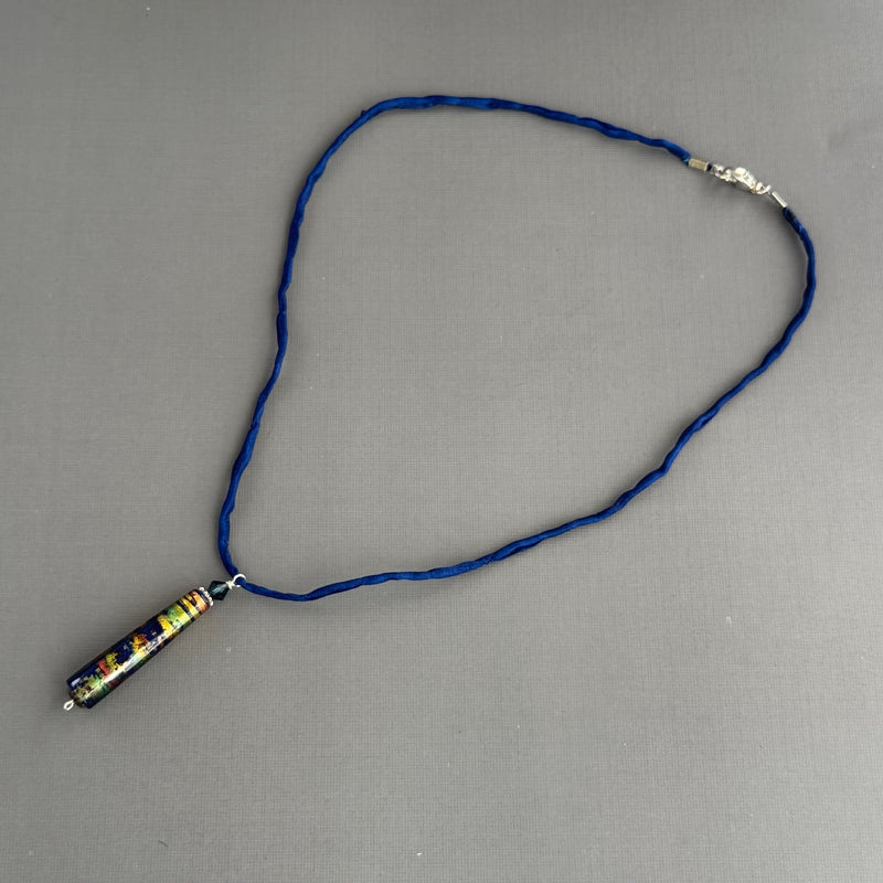 Luxury Handmade Dark Blue Foil Czech Glass Necklace on Silk Cord