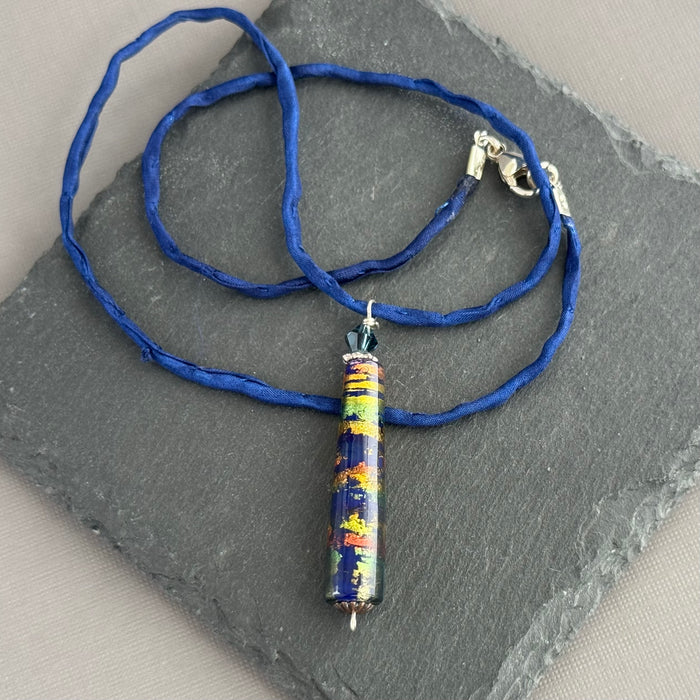 Luxury Handmade Dark Blue Foil Czech Glass Necklace on Silk Cord