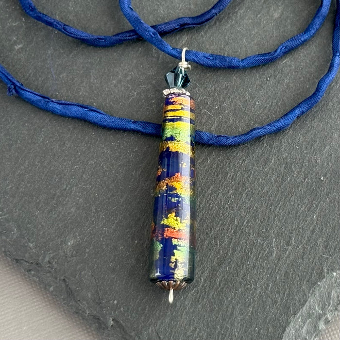 Luxury Handmade Dark Blue Foil Czech Glass Necklace on Silk Cord