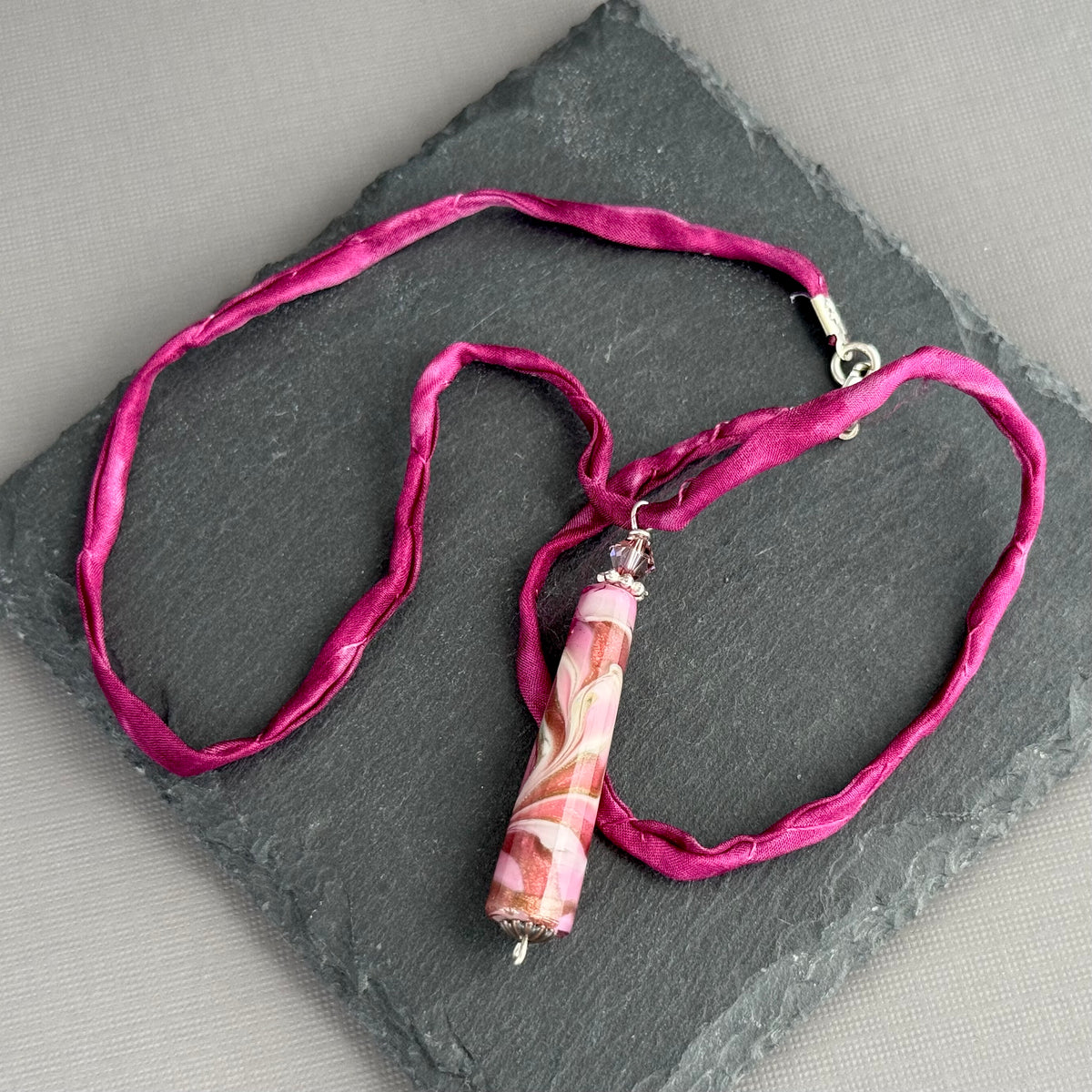 Luxury Handmade Pink Czech Glass Necklace on Silk Cord