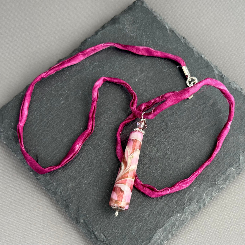 Luxury Handmade Pink Czech Glass Necklace on Silk Cord
