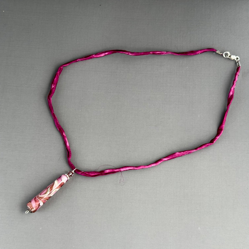 Luxury Handmade Pink Czech Glass Necklace on Silk Cord