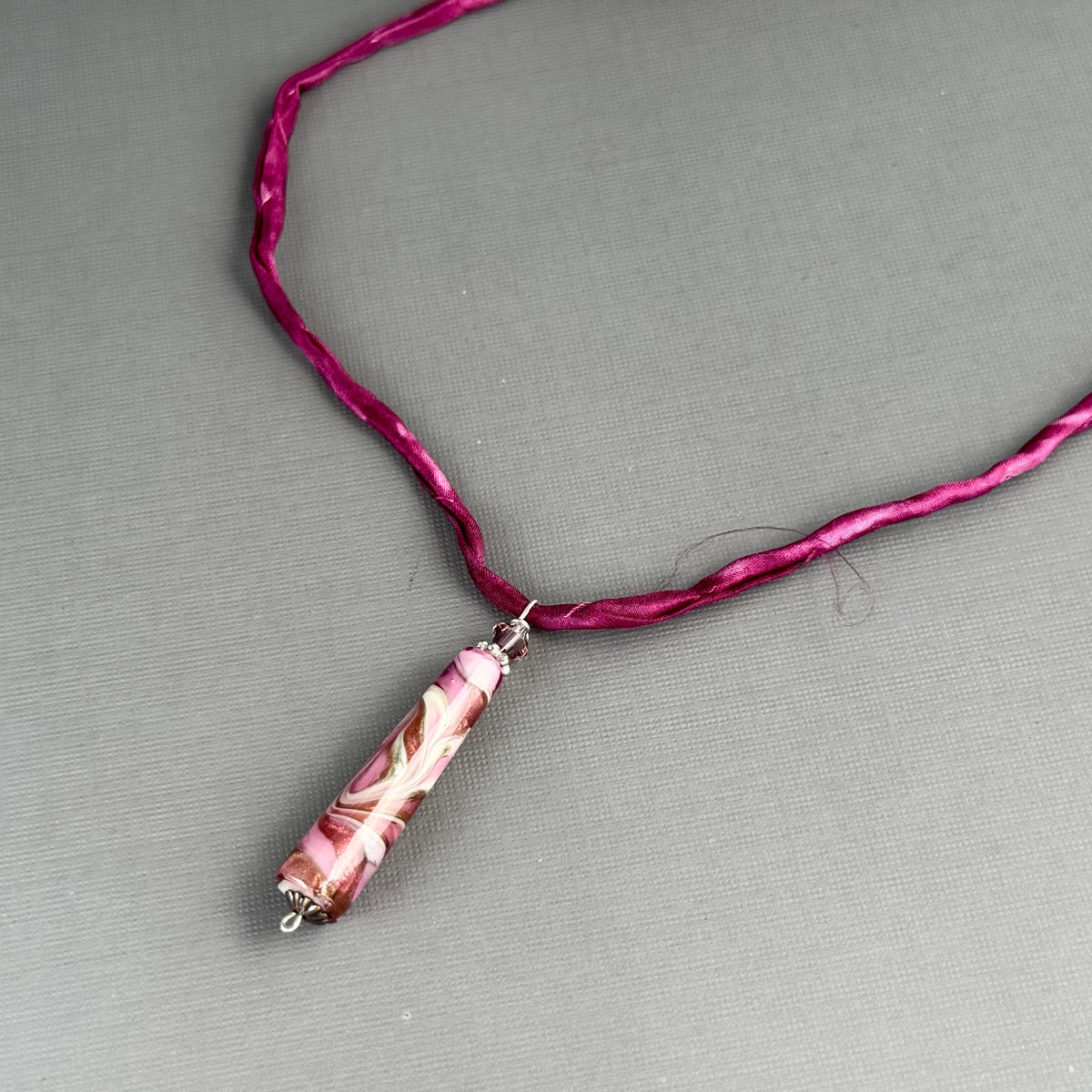 Luxury Handmade Pink Czech Glass Necklace on Silk Cord