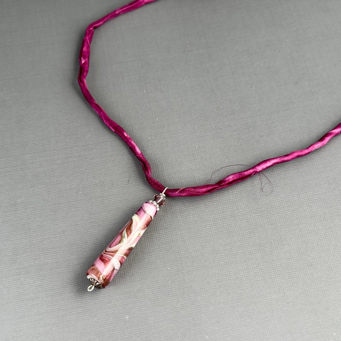 Luxury Handmade Pink Czech Glass Necklace on Silk Cord