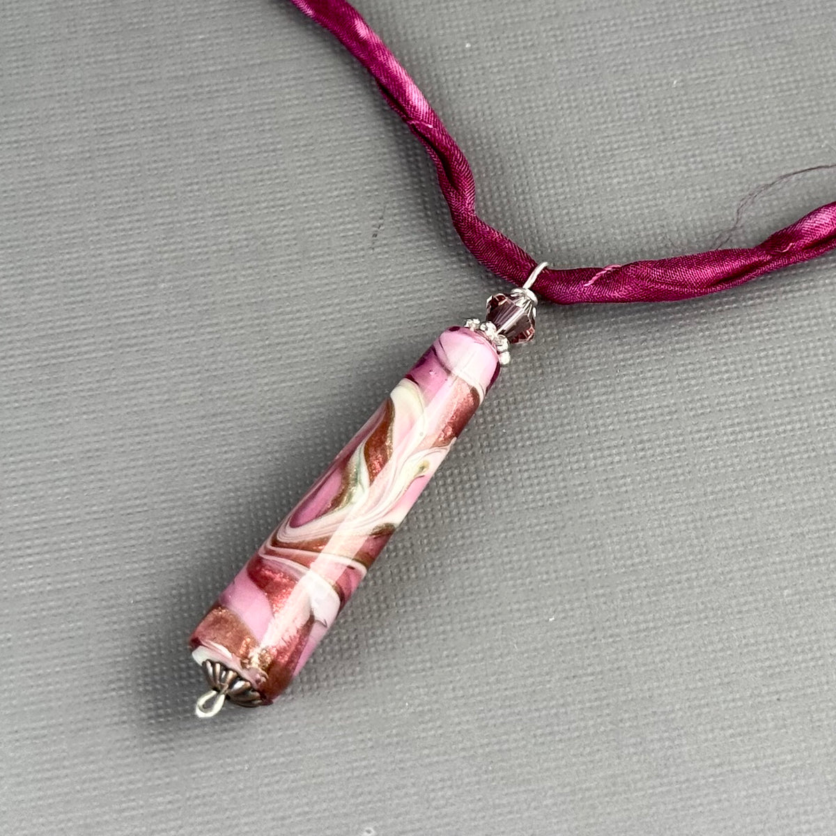 Luxury Handmade Pink Czech Glass Necklace on Silk Cord