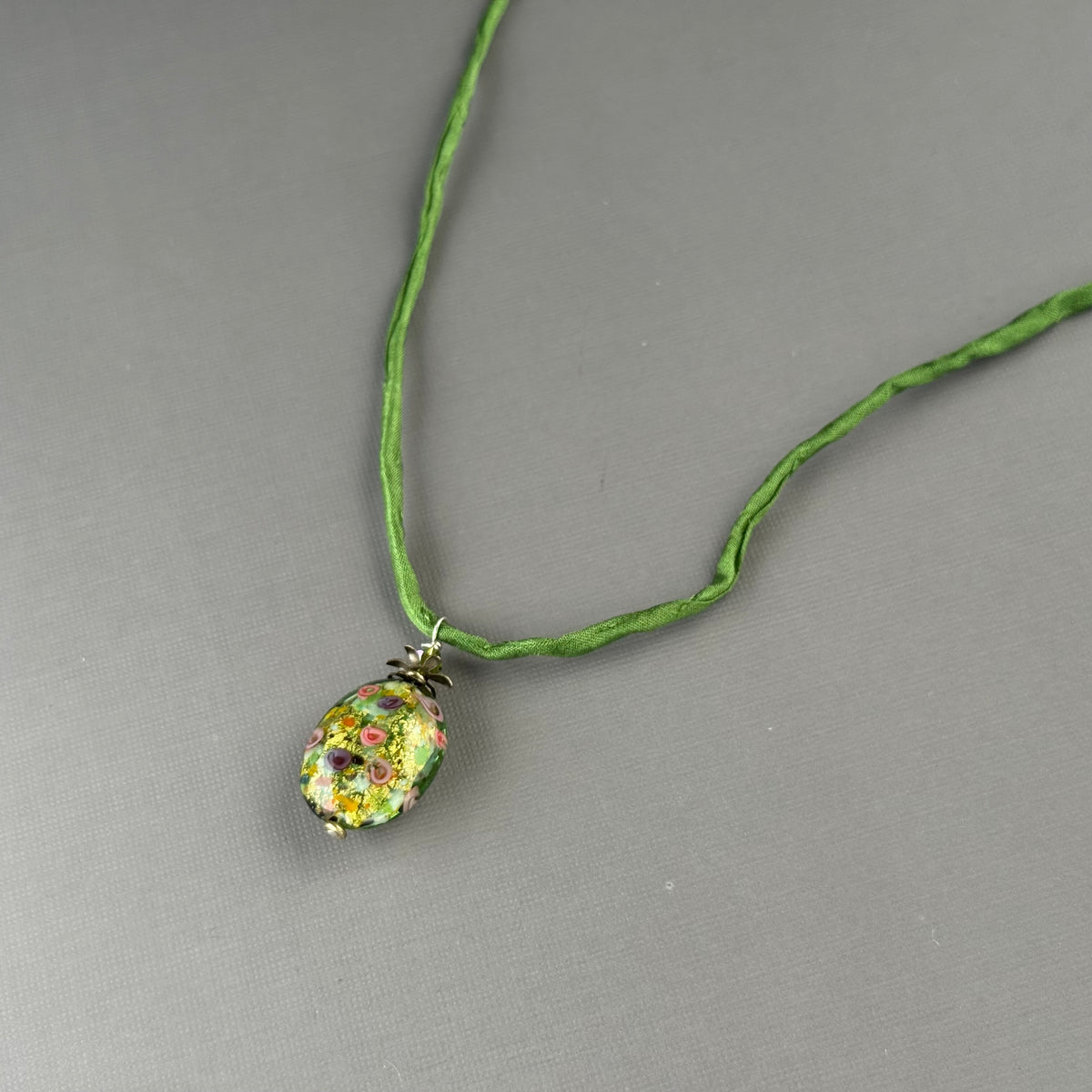 Luxury Handmade Green Gold Foil Czech Glass Necklace on Silk Cord