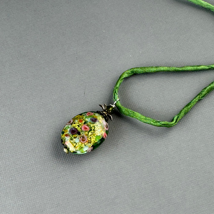 Luxury Handmade Green Gold Foil Czech Glass Necklace on Silk Cord
