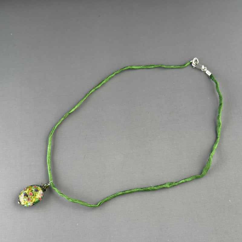 Luxury Handmade Green Gold Foil Czech Glass Necklace on Silk Cord