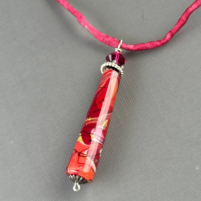 Luxury Handmade Red Swirl Czech Glass Necklace on Silk Cord