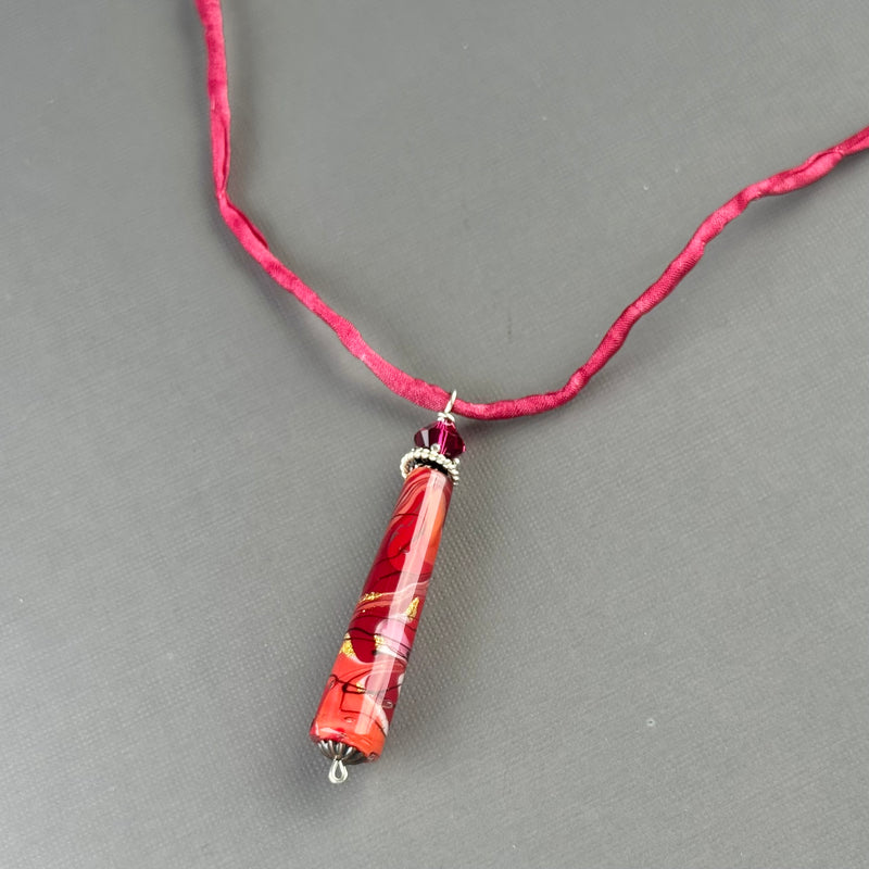 Luxury Handmade Red Swirl Czech Glass Necklace on Silk Cord