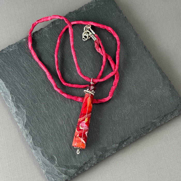 Luxury Handmade Red Swirl Czech Glass Necklace on Silk Cord