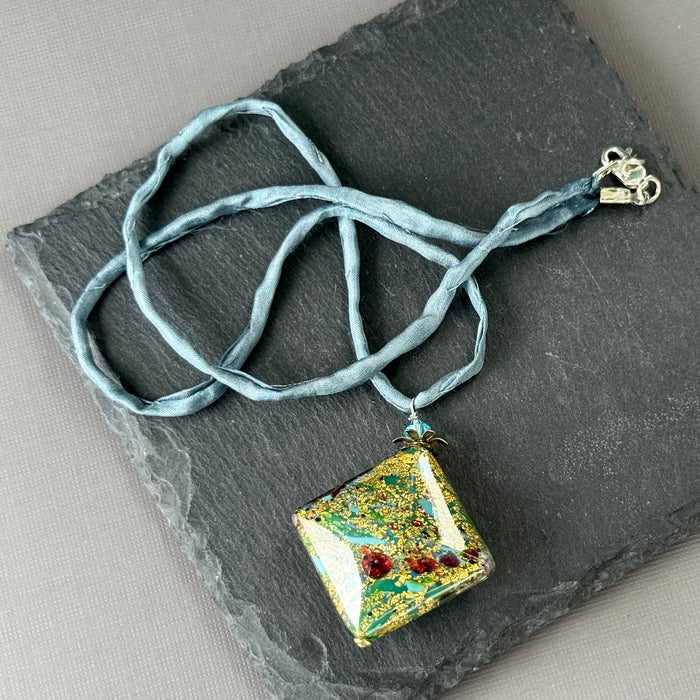 Luxury Handmade Gold Foil Czech Glass Necklace on Silk Cord