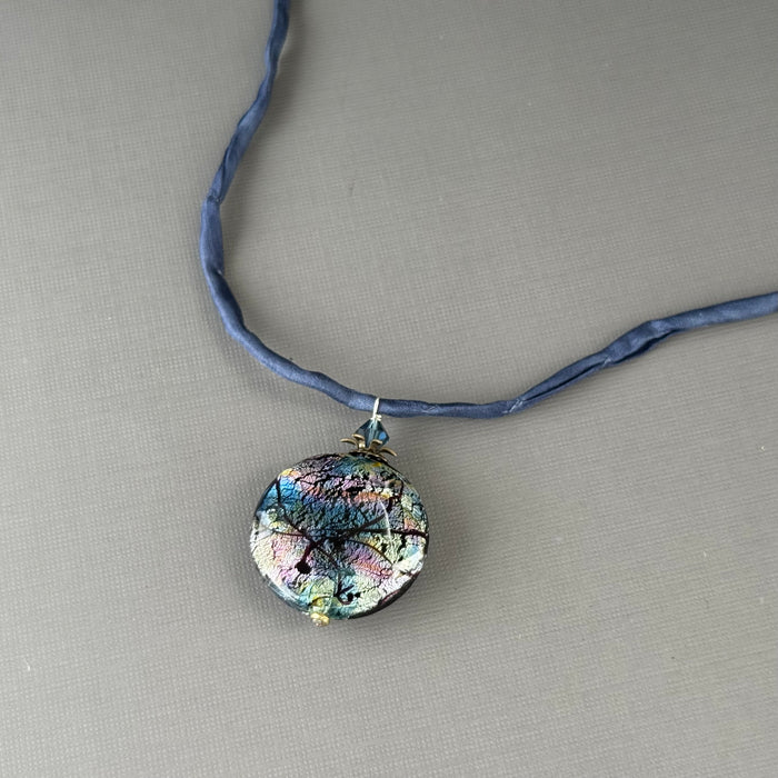 Luxury Handmade Silver Foil Czech Glass Necklace on Silk Cord