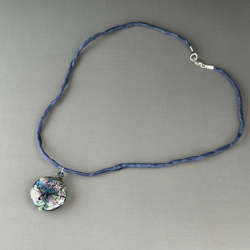 Luxury Handmade Czech Glass Blue Lampwork Necklace on Silk Cord
