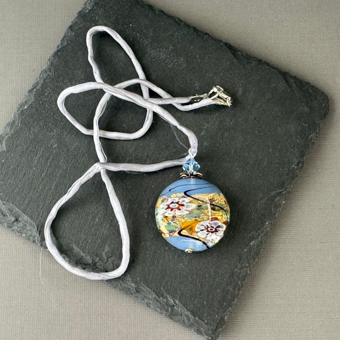 Luxury Handmade Czech Glass Blue Lampwork Necklace on Silk Cord
