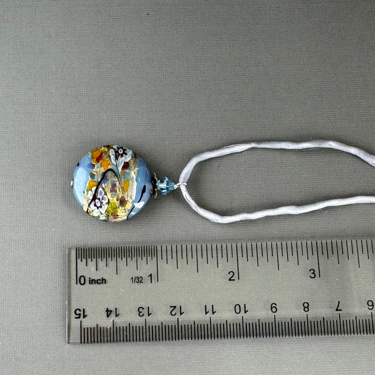 Luxury Handmade Czech Glass Blue Lampwork Necklace on Silk Cord