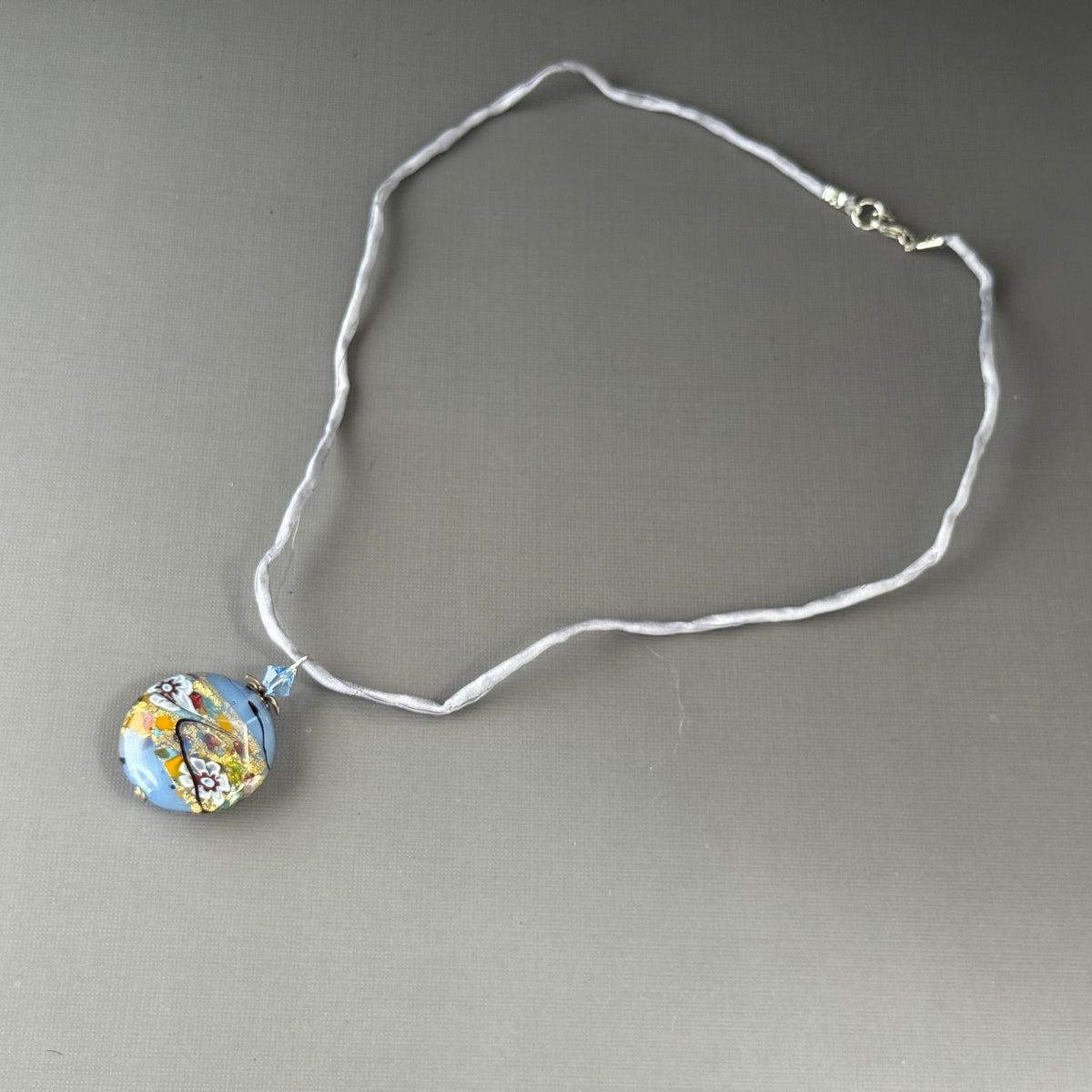 Luxury Handmade Czech Glass Blue Lampwork Necklace on Silk Cord