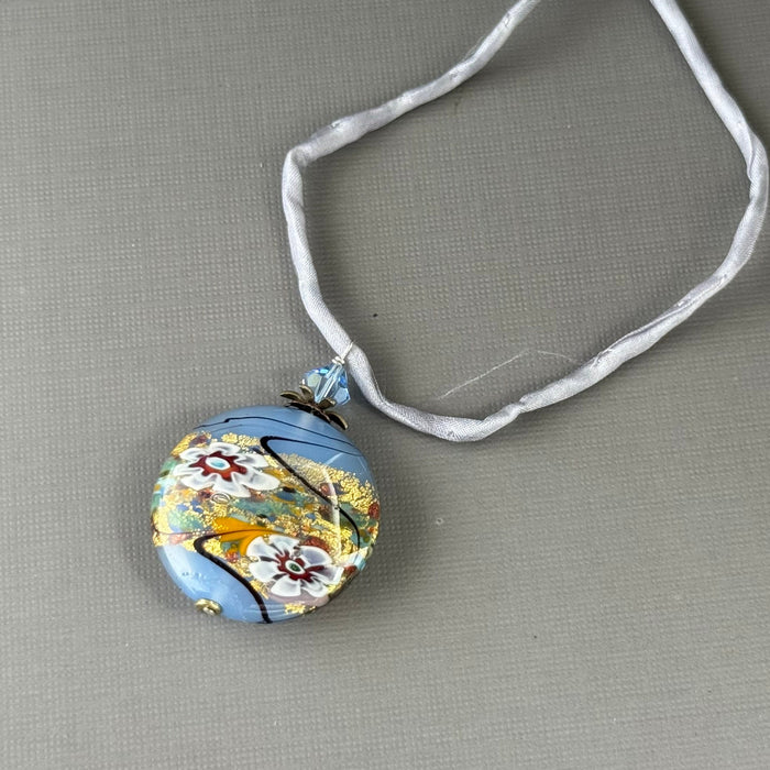 Luxury Handmade Czech Glass Blue Lampwork Necklace on Silk Cord