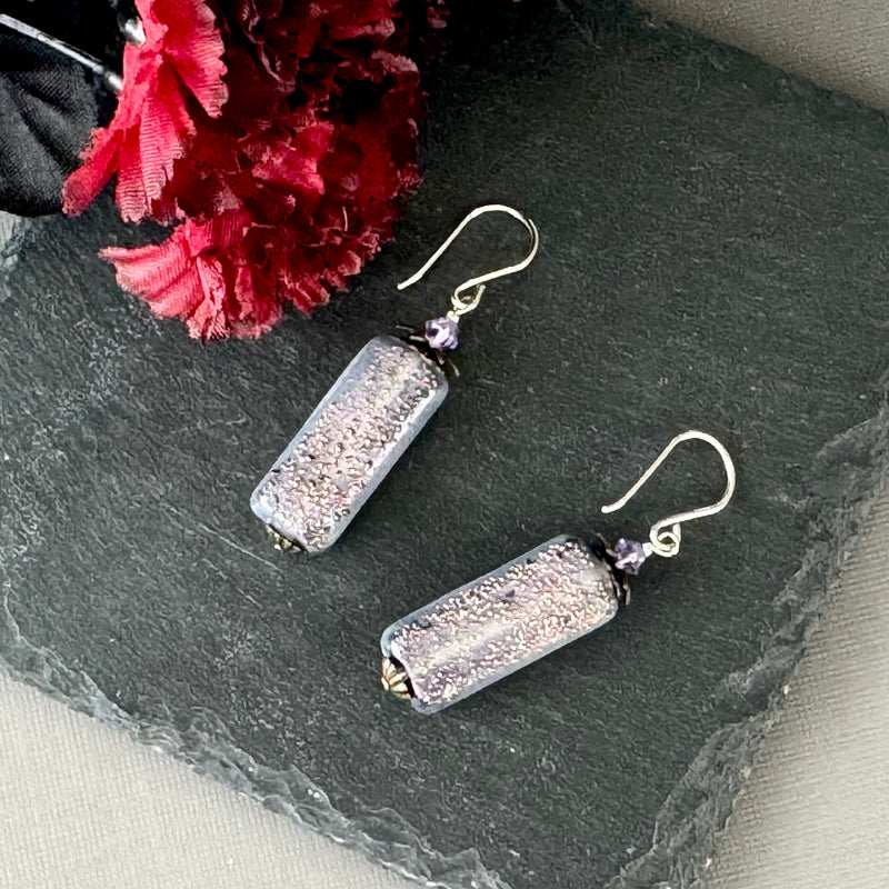 Luxury Handmade Lavender Rectangle Czech Glass Earrings in Sterling Silver