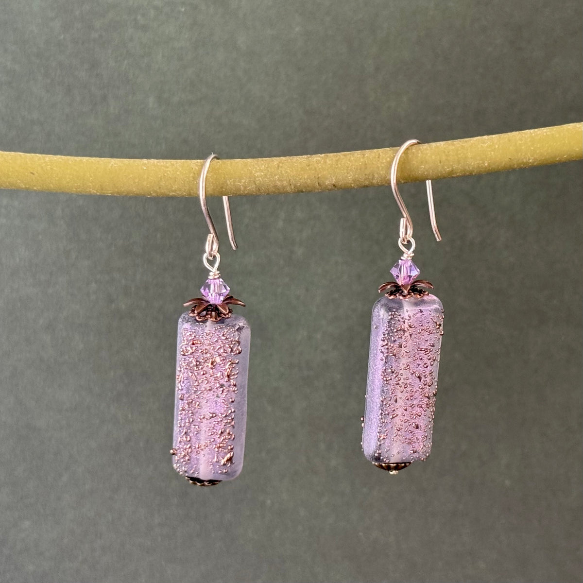 Luxury Handmade Lavender Rectangle Czech Glass Earrings in Sterling Silver