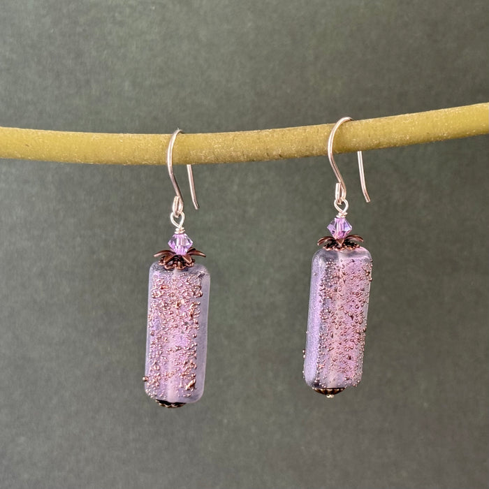 Luxury Handmade Lavender Rectangle Czech Glass Earrings in Sterling Silver