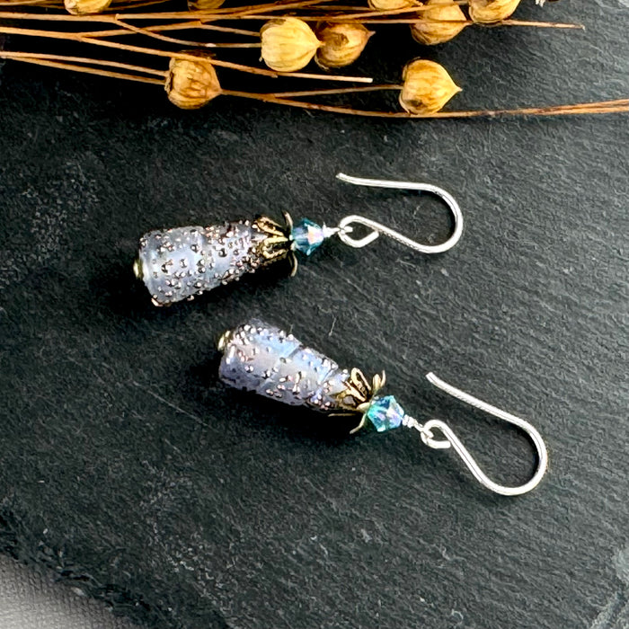 Luxury Handmade Lavender Cone Czech Glass Earrings in Sterling Silver