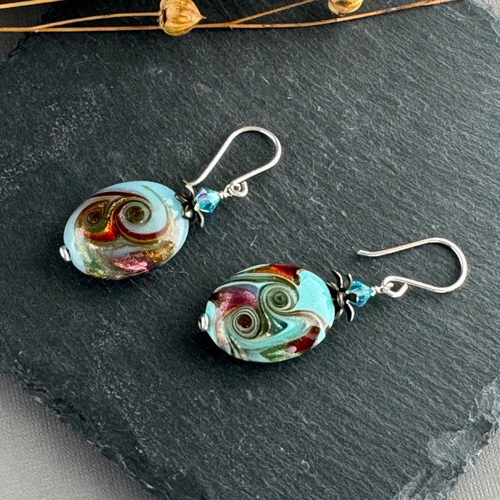 Luxury Handmade Blue Oval Czech Glass Earrings in Sterling Silver