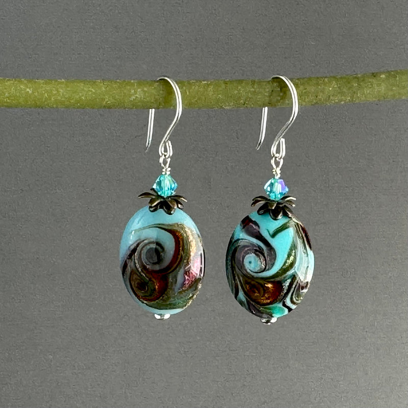 Luxury Handmade Blue Oval Czech Glass Earrings in Sterling Silver