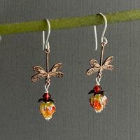 Small Handmade Orange and Yellow Rosebud and Dragon Fly Earrings in Sterling Silver