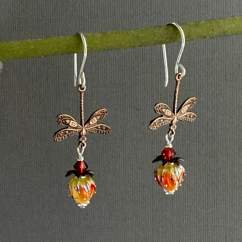 Small Handmade Orange and Yellow Rosebud and Dragon Fly Earrings in Sterling Silver