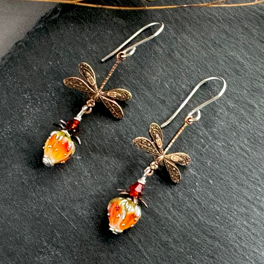 Small Handmade Orange and Yellow Rosebud and Dragon Fly Earrings in Sterling Silver