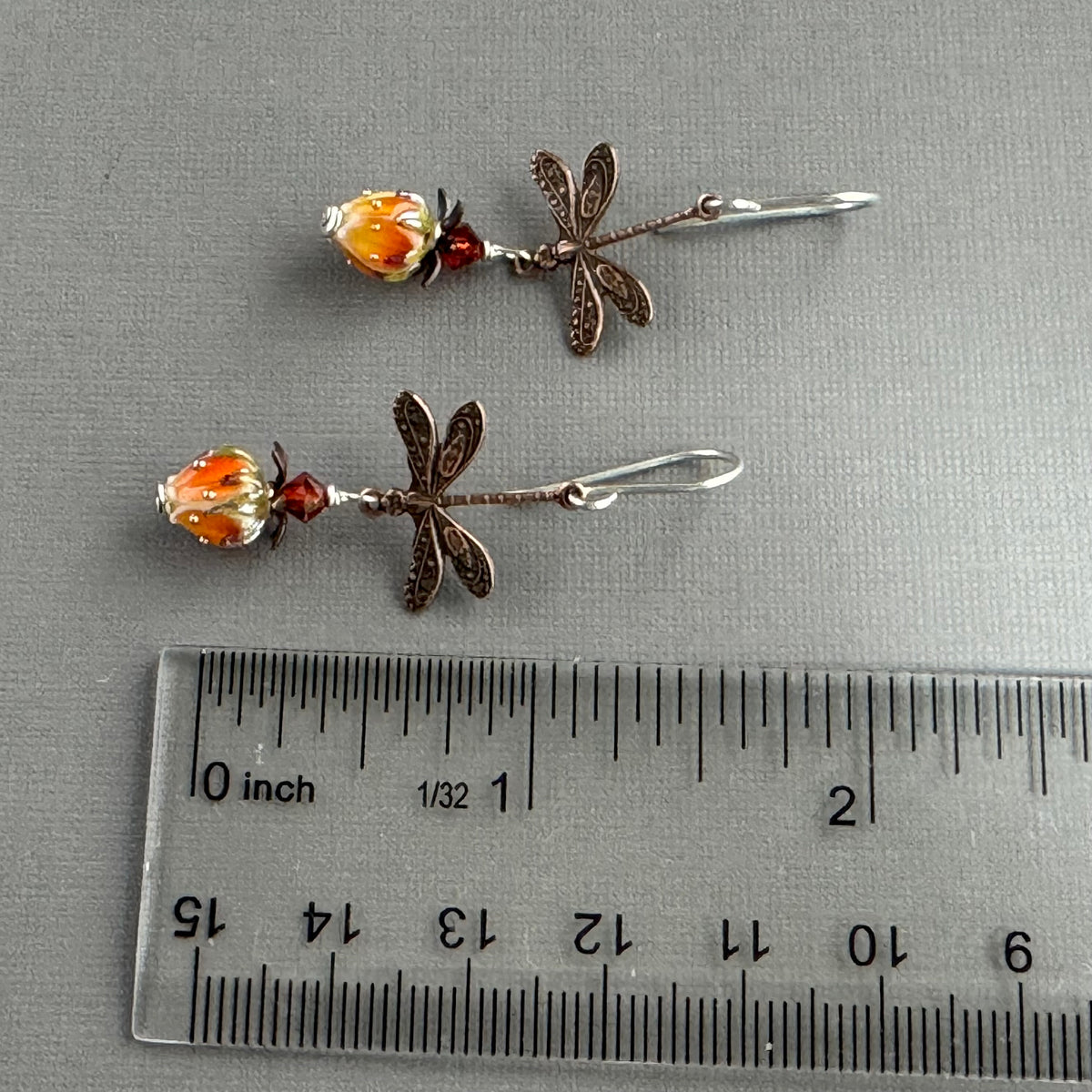 Small Handmade Orange and Yellow Rosebud and Dragon Fly Earrings in Sterling Silver