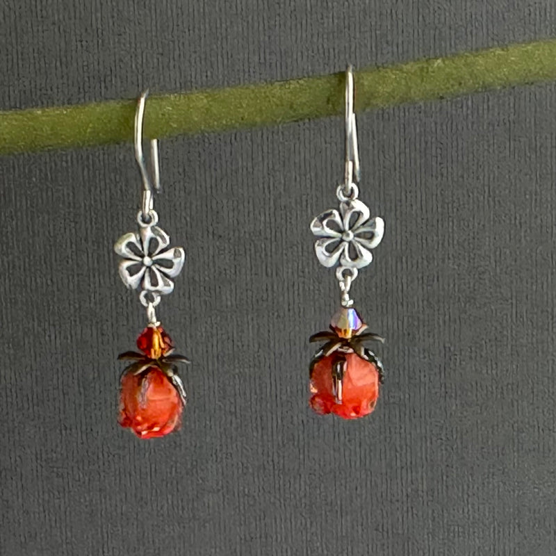 Small Handmade Orange Rosebud Earrings in Sterling Silver